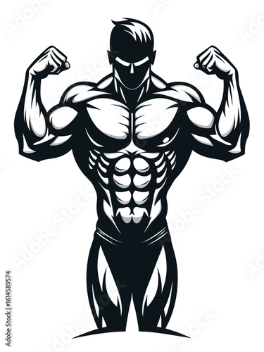 Muscular bodybuilder flexing arms with defined abs on white background male fitness