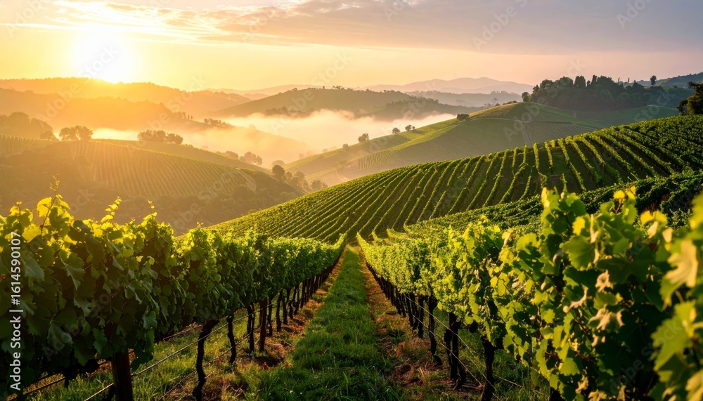 Naklejka premium Green vineyard landscapes in the Tuscan countryside, showcasing summer grapevines and rolling hills under a vast sky