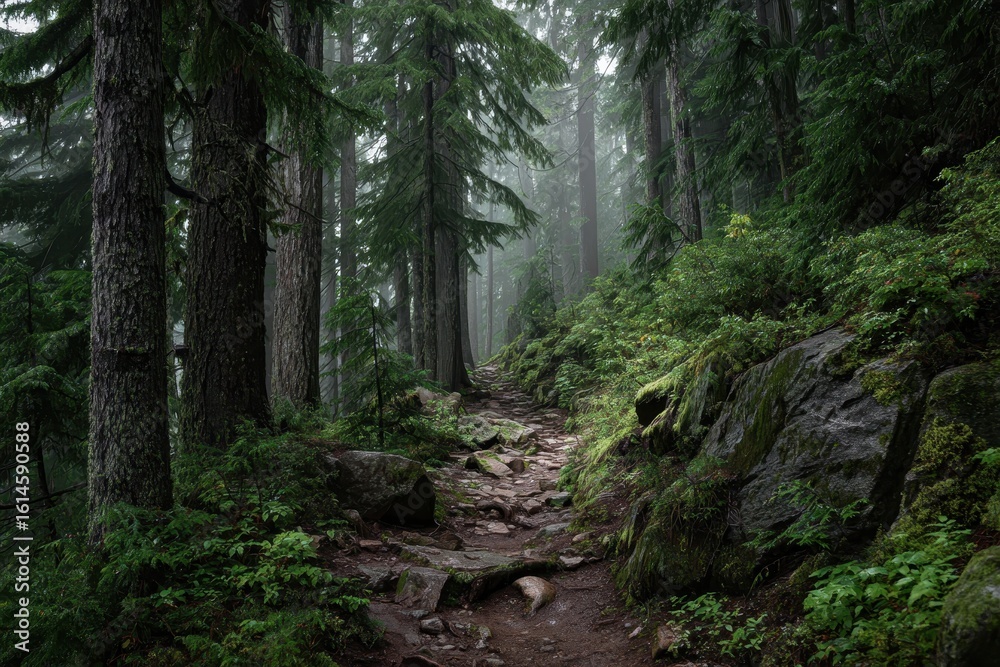 Fototapeta premium Explore the tranquility of a Pacific Northwest forest trail winding through lush greenery and towering trees on a misty day