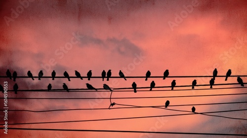 A group of birds perches on power lines during sunset, casting dark silhouettes against a vibrant sky filled with hues of orange and pink. The scene is tranquil and captivating.
