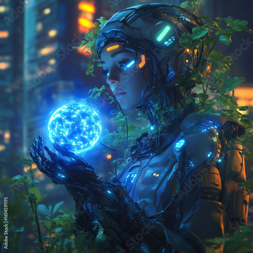 Cyborg woman in foliage holding glowing sphere in futuristic city