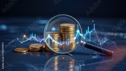Investment Research Financial Analysis Concept Magnifying Glass Focusing On Stacked Coins Reflective Surface Digital Stock Graphs Overlay Dark Background ROI