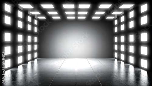 Empty, illuminated, square-tiled room