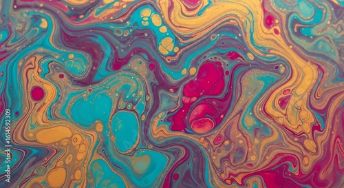 Abstract fluid art with swirling teal magenta and gold creating a marbled effect background texture ai generated