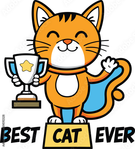 A cute cartoon cat with a cup of coffee or tea, a funny illustration of a happy kitten with orange fur and a tail, isolated vector art for pet lovers