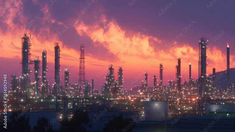 Fototapeta premium Industrial skyline at sunset with illuminated structures and dramatic clouds