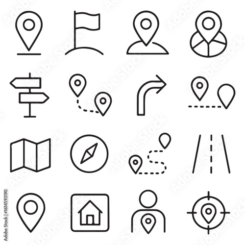 Map Location Line Icon Set – Editable Vector with GPS, Pin, Navigation, Route, and Direction Symbols