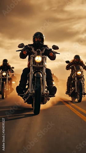 Sunset Riders: A biker gang cruises down a desert highway at sunset, kicking up dust and leaving a trail of adventure.