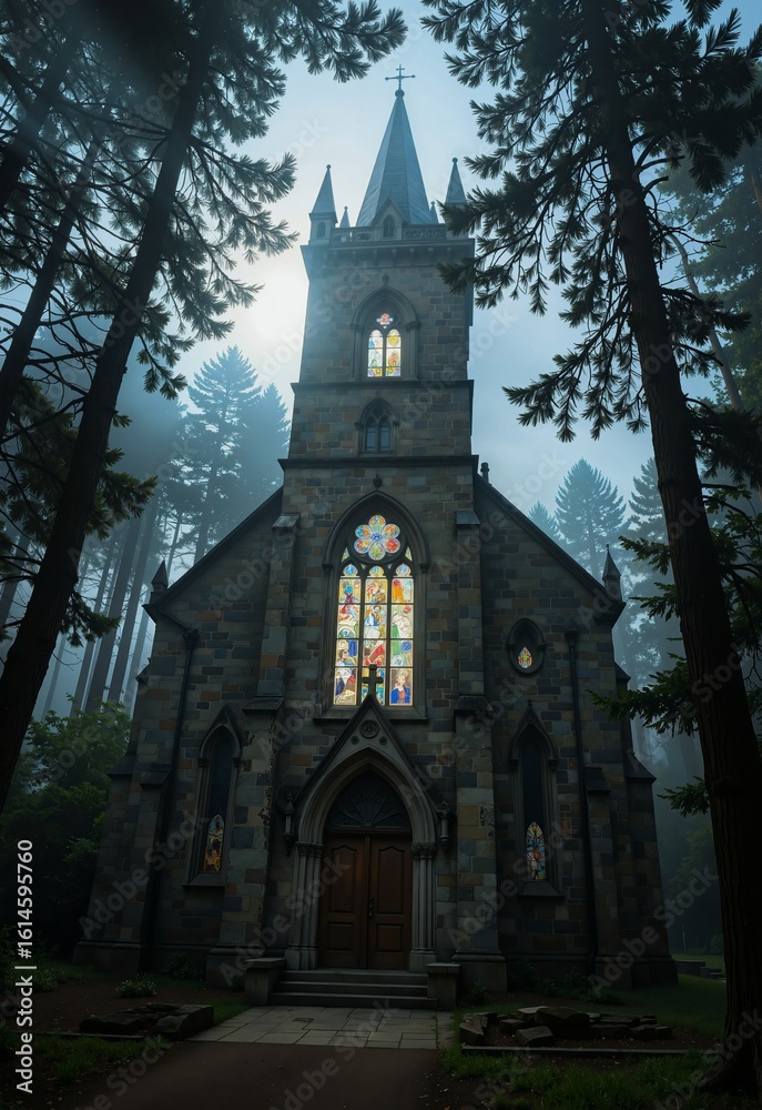 Naklejka premium A serene Gothicstyle church stands majestically in a foggy forest, its stained glass windows glowing softly against the misty backdrop, surrounded by towering trees and a lone spire piercing the dens