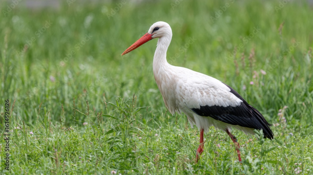 Fototapeta premium A stork walks gracefully through a vibrant green field, searching for food among the fresh grass and wildflowers on a sunny spring day.
