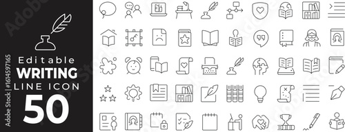 Writing and Literature Icons Collection in Line Style. Linear icons featuring books, authorship, creativity, education tools, and literary content.