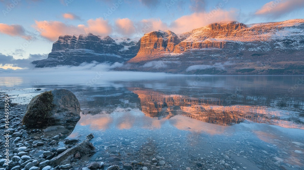 Naklejka premium Winter sunrise over a calm lake reflecting mountains