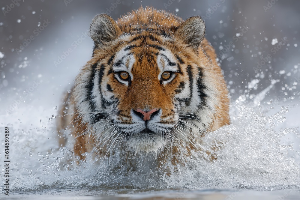Obraz premium Siberian tiger Panthera tigris altaica charges through water with determination amidst a snowy landscape in winter