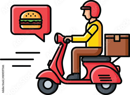 Fast food delivery service concept with scooter and burger icon for online ordering and efficient distribution illustration