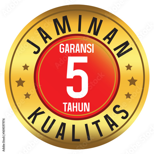 Golden round badge with red center showing 