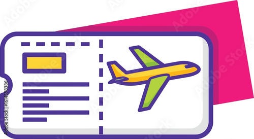 Colorful Airline Ticket Illustration Depicting Air Travel and Vacation with Bright and Playful Design Elements