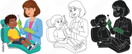Cartoon dentist examining child patient teeth dental care visit pediatric dentistry illustration