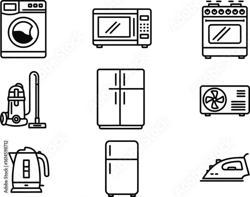 Household appliances line icons collection featuring washing machine microwave oven refrigerator vacuum cleaner and kettle appliances for daily life
