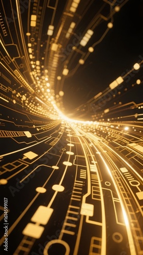 Golden Circuitry Tunnel: A Futuristic Data Flow Visualization