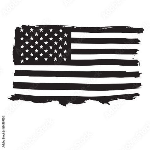 Black and white american flag design created with brush strokes on white background