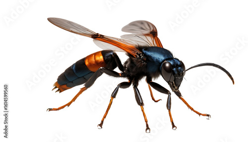 A tarantula hawk wasp mid-flight, casting a sharp body shadow and soft wing blur beneath. Transparent PNG with clear directional lighting.
