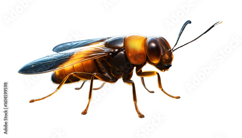 A firefly glowing at dusk, with a soft spotlight effect on its lower abdomen and a faint dark shadow beneath its body. Light-source-aware rendering, transparent PNG.
