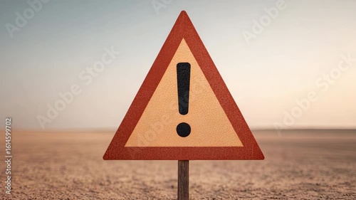Warning sign with exclamation mark inside triangle dry desert ground