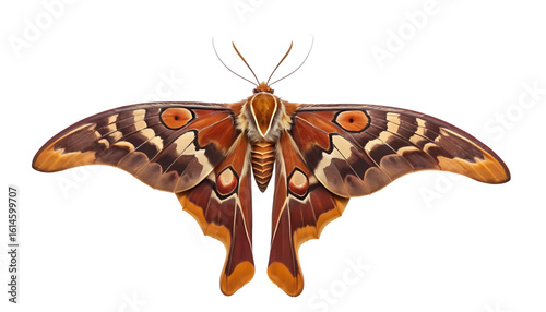 An atlas moth soaring mid-flight, massive wings tilted diagonally upward with patterned blur. Body and antennae clear, floating on transparent PNG.

