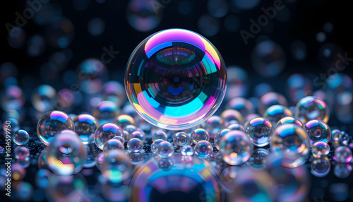 A captivating display of iridescent soap bubbles floating against a dark reflective surface backdrop