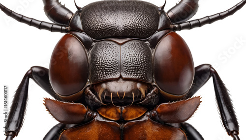 A stag beetle captured top view, large mandibles extending forward, glossy dark brown shell with subtle ridges. High-detail texture with clean isolation on transparent PNG.
