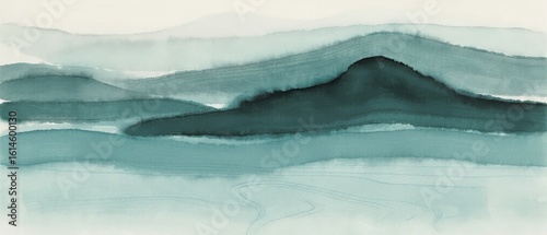 Abstract Watercolor Landscape with Teal and Black Waves