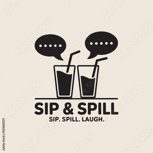 Two black silhouette glasses with straws and speech bubbles above them drink beverage