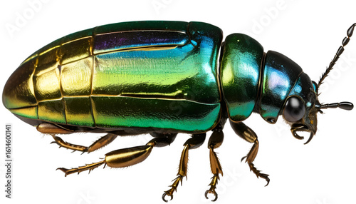 A jewel beetle viewed from the top, metallic green and gold exoskeleton glistening under light. Textured elytra with iridescent reflections, legs tucked neatly, isolated on transparent PNG.
