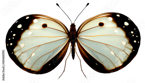 A glasswing butterfly with translucent wings edged in dark brown and white spots. The wings glow with faint reflections, delicate leg details in side view, sharply cut and centered on transparent back