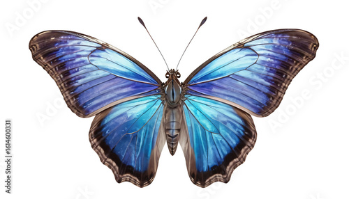 A morpho butterfly viewed from the top, wings fully open in symmetrical display. Iridescent shades of electric blue and violet shimmer across the surface, detailed wing textures and vein structures pe