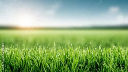 Green grass field under sunlight with blue sky and vibrant green field