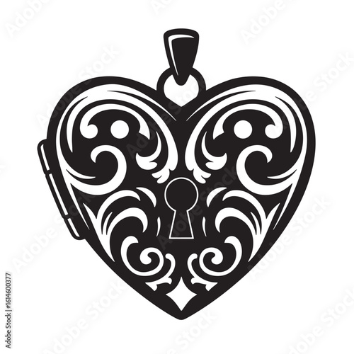 Decorative black and white heart locket vector illustration with ornate floral details