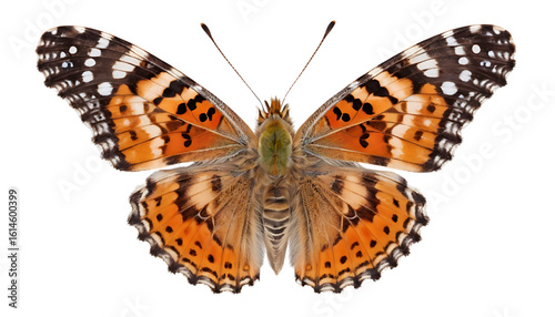 A painted lady butterfly in symmetrical top view, dusty orange and brown wings adorned with black and white spots. Fuzzy body and vein detail visible, isolated sharply on transparent PNG background.
