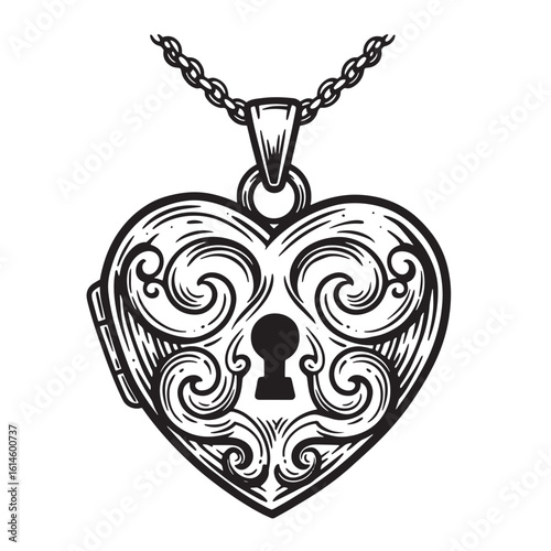 Detailed black and white illustration of an ornate heart shaped locket pendant with a chain