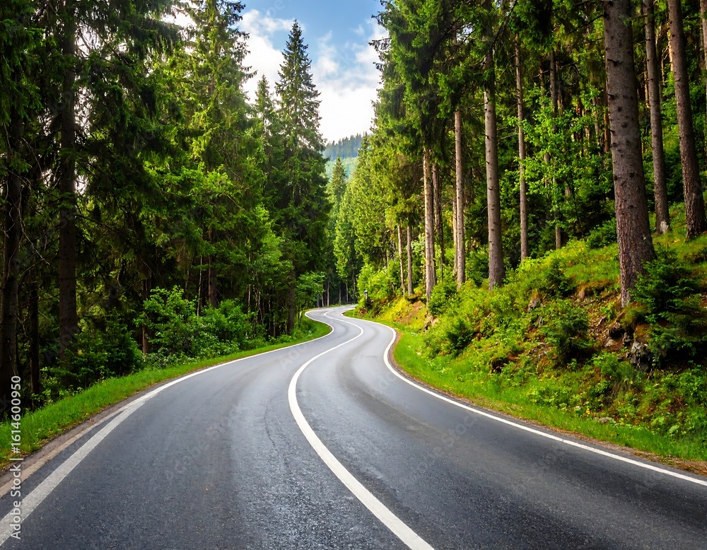 Naklejka premium Winding road through a lush forest