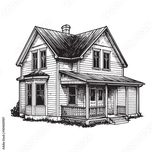 Detailed hand drawn illustration of a classic american farmhouse with porch and chimney