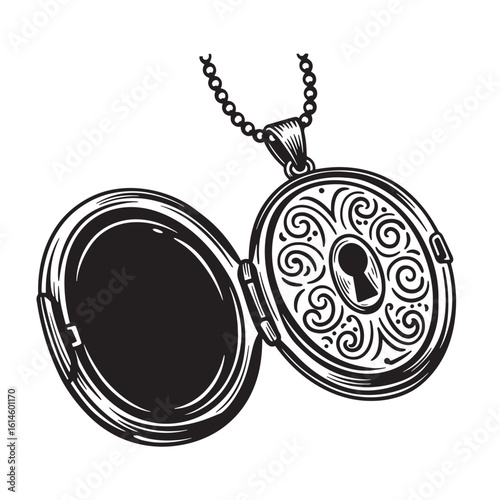 Elegant black and white open locket necklace vector illustration on white background