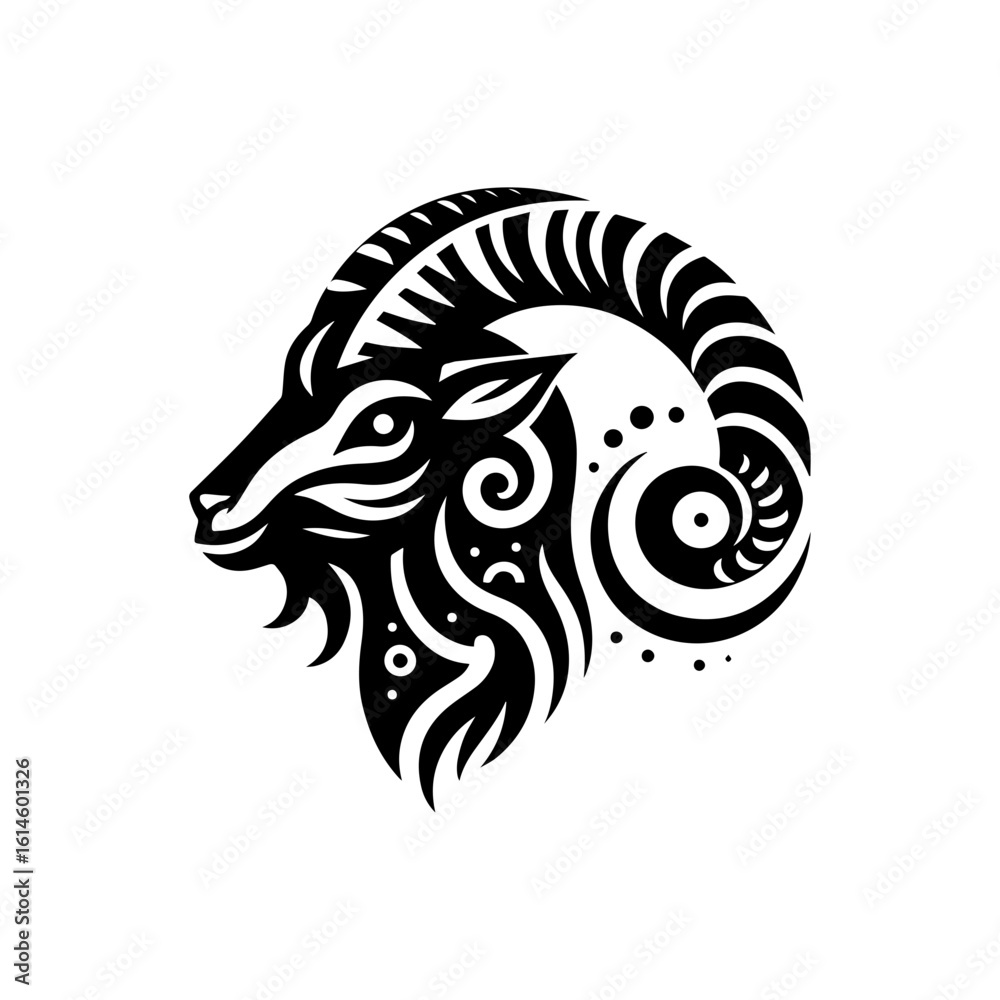 Fototapeta premium Flat tribal goat head with spiral horn designs
