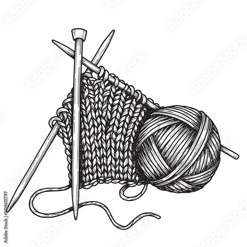 Hand drawn illustration of knitting needles with yarn and knit piece isolated on white background