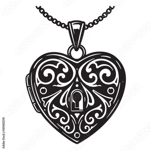 Intricate black and white heart locket pendant necklace vector illustration for romantic designs