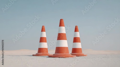 Orange traffic cone with white stripes ensures safety sandy ground
