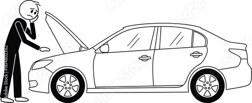 Car trouble assistance needed stick figure looking at engine with open hood roadside breakdown help