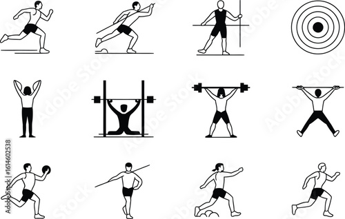 Fitness and sports icons featuring weightlifting and athletic movements
