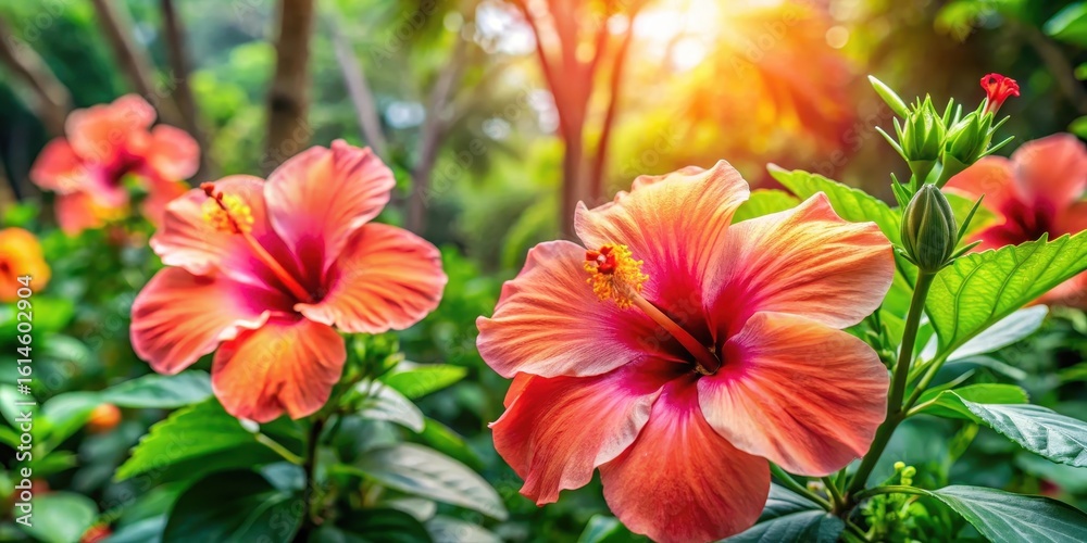 Obraz premium Large Hibiscus flowers blooming in a tropical garden