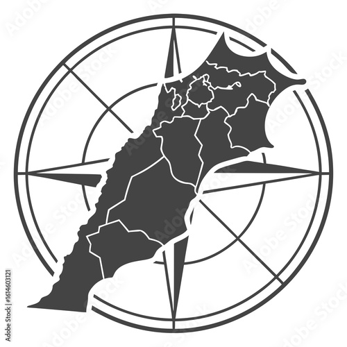 A stylized dark gray map of a coastal region with internal divisions, overlaid on a compass rose with four cardinal directions.